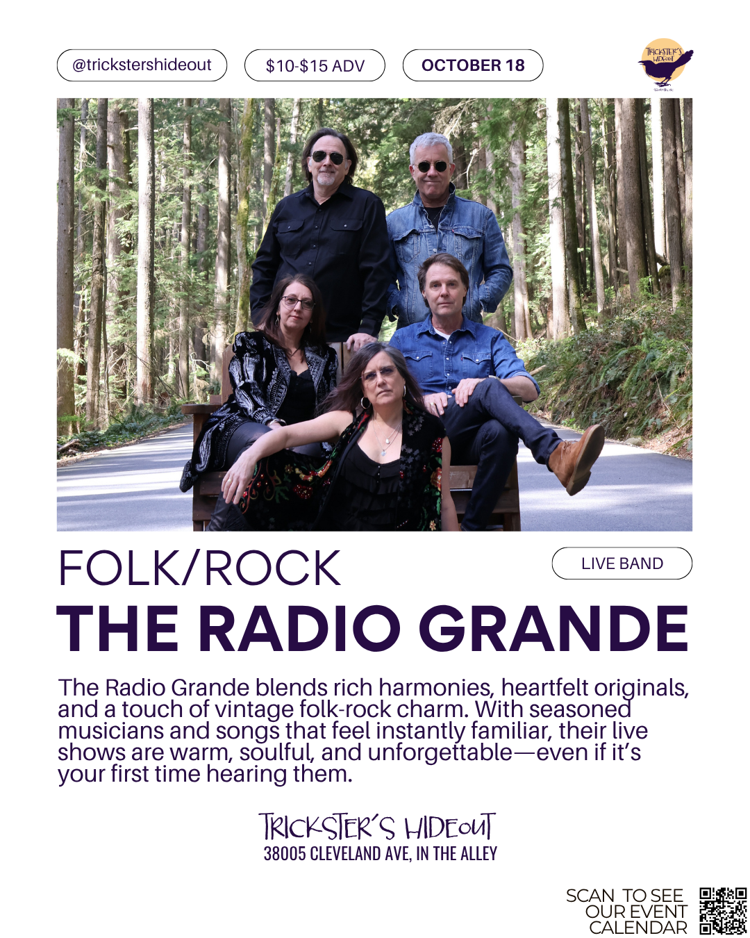 🎶 The Radio Grande Live + DJ Crippledwheel Pete Late Night Set 📍 Trickster’s Hideout – 38005 Cleveland Ave, Squamish 📅 Saturday, October 18, 2025 🕖 Live Music: 7PM–10PM | 🎧 DJ Set: 10PM–2AM Looking for a night that hits all the right notes? The Radio Grande is rolling into Trickster’s Hideout for a full-spectrum sonic experience—rich harmonies, heartfelt songwriting, and a warm folk-rock vibe that feels like a long-lost favourite album. Formed in 2016 by Vancouver music veterans Tom Taylor, Colin Nairne, and Wendy Bird—and now joined by Alli Lyde-Stad and David Hughes—The Radio Grande delivers songs that are both fresh and familiar, blending storytelling with timeless sound. Whether you’re a fan of rootsy originals, thoughtful covers, or just good old-fashioned live music that makes you feel something, this trio-turned-quintet is not to be missed. Their latest release, Wrapped in Plastic (2024), follows their debut album Town and Country (2020) and their cozy holiday cover of The Christmas Song (2021). Expect an evening that’s intimate, nostalgic, and deeply moving. 🎧 Want to check them out in advance? Spotify: The Radio Grande on Spotify Apple Music: The Radio Grande on Apple Music YouTube: The Radio Grande on YouTube But we’re not stopping there. Once the band wraps at 10PM, the night flips into full party mode. DJ Crippledwheel Pete takes over the booth and brings the energy through the roof until 2AM. Expect a genre-bending, boot-shaking mix of throwbacks, bangers, and dance floor chaos that’ll keep you moving straight through to last call. 🌙 Whether you're here for the live music, the late-night dancing, or both—this is your October Saturday sorted. 🎟️ Tickets: Early Bird: $10 (available online while they last) General Admission: $15 (available online) Door Price: $20 (only available at the door) 🪩 Come early, stay late, and get the best of both worlds. Let’s make some memories, Squamish.